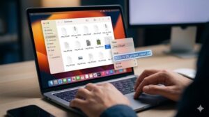PC画面に、カオスなダウンロードフォルダと、その中で困惑するユーザーの手。曖昧な名前のファイルが一つだけ選択されており、ユーザーがその名前を曖昧から明確へ変更しようとしているリアルな写真。