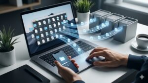 PC画面に表示された混乱したデータアイコン。ユーザーの手がトラックパッドとスマホ上で「復旧」を操作している。画面から飛び出したデータストリームが、3つの大きな、光る「出口」コンテナ（削除、移動、保留）に整理され、混乱した状態から秩序を取り戻すプロセスを視覚化した、ダイナミックでリアルな写真。