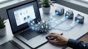 抽象的なデータパイプラインが描かれた現代的なデスク。PC画面から伸びるパイプが、山積みの未処理ファイルや重複ファイルのアイコンで詰まっているボトルネックを形成している。しかし、その詰まりを回避し、明確な矢印とドキュメント・画像のターゲットフォルダへデータ粒子がスムーズに流れている。混沌から秩序への経路を示す、パッと目を引く、少し未来的なリアルな写真。