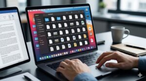 パソコンのダウンロードフォルダが散乱し、ファイルがoverflowしている様子を、ユーザーの手が trackpad 上で操作している、カオスなデジタルワークスペースのリアルな写真。