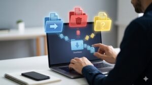 PC画面の前に立つユーザー。画面から飛び出したファイルが、空中に浮かぶ明確な3つの選択肢（左: 移動、中: 削除、右: 保留）へ分岐している。ユーザーの手が、自信を持ってどれか一つを選ぼうとしているリアルな写真。