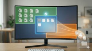 完璧に整理された、アプリショートカット、作業中ファイル、そしてクリーンな受け皿の3ゾーンがバランスよく機能するパソコンのデスクトップ画面のイメージ写真。自動的にファイルが定位置へ流れていく「自然に戻る運用」が確立され、効率的な作業環境を表す。