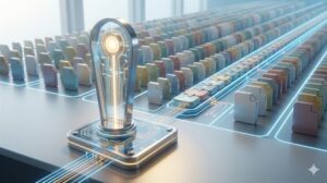 整理されたPCファイルの列が無限に続く広大なデジタルアーカイブと、デスク上に置かれた「結論トロフィー」が、標準化された命名ルール(日付、内容、補足、版)の成功を象徴する暖かい光を放っているブログ用アイキャッチ画像。