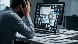 パソコン画面とデスク周りが乱雑で、ユーザーが頭を抱えて困惑している様子(混沌としたデジタル・物理空間)