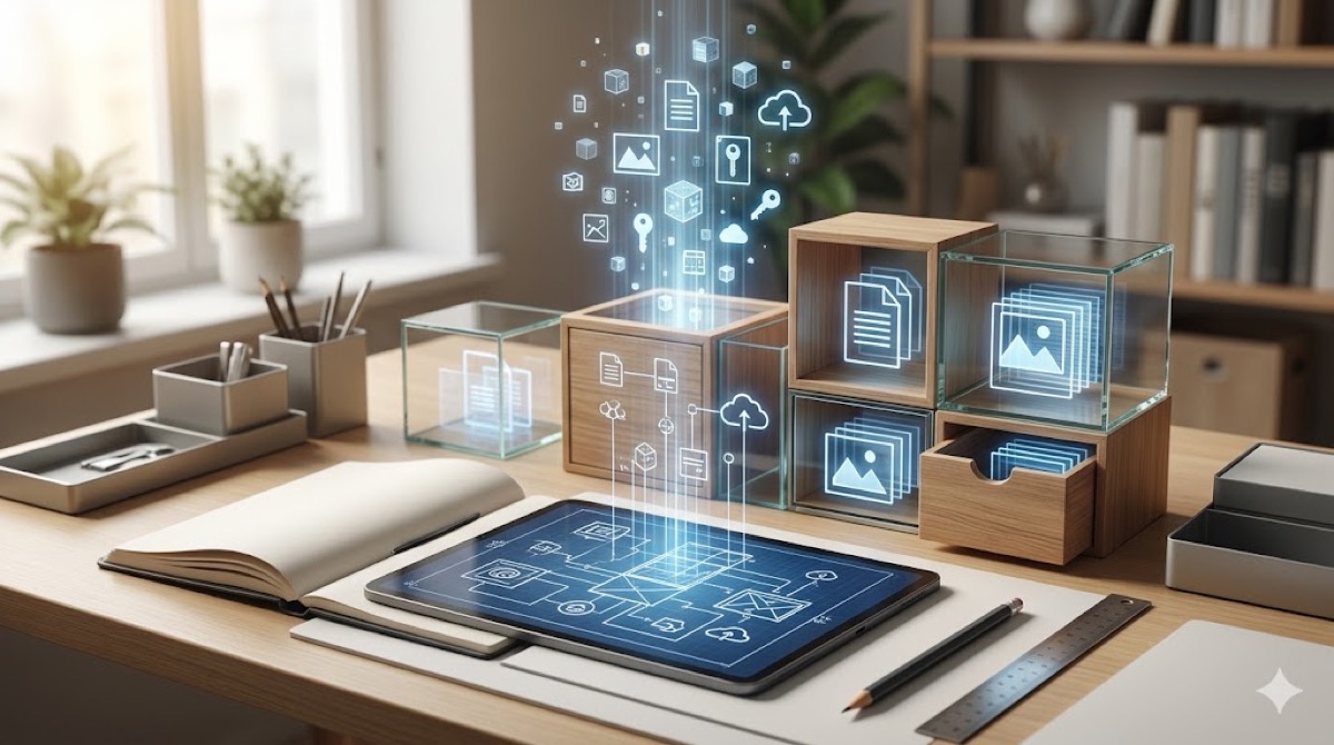 現代的なホームオフィスのデスクで、タブレットに表示されたデジタルデータの置き場所設計図に基づいて、光るデータが整理されたモジュール式収納コンテナに流れ込み、構造化されている様子（データ管理と整理の概念）