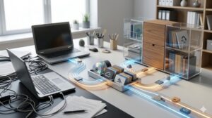 クリーンなデスク上の雑然とした作業エリアから、中央の合流ポイントを経て、右側の整理された保管箱へと、光の筋が流れている様子(Directed Flow)