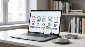 クリーンなデスク上のラップトップ画面に、異なるファイルアイコンが、色や形、シンボル(幾何学的な形)のみで構成された整然としたラベルによって識別されている様子(開かずにわかる識別)