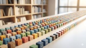 日付の順序(年→月→日)に従って完璧に整列し、時系列順に並んだ小さなファイルアイコン(立方体)の列と、モダンなカレンダーが描かれたブログ用アイキャッチ画像。