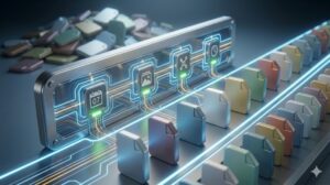 ファイル生成ラインの横に、恒久的な「チェックパネル」が固定されており、4つの固定インジケーター(日付、内容、補足、版)が順番に緑色に点灯する様子が描かれたブログ用アイキャッチ画像。