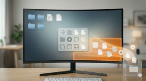 パソコンのデスクトップ画面から、画面外の「受け皿」フォルダへと抽象ファイルが移動するイメージ写真。デスクトップ外へのファイル導線を表す。