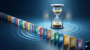 整理されたデジタルファイルの列が続く、時間の節約を象徴する、砂が上向きに流れる砂時計と穏やかな光が描かれたブログ用アイキャッチ画像。