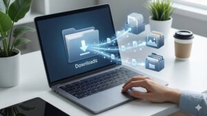 パソコンの画面上に「Downloads」フォルダから、綺麗に整理された3つの異なるフォルダ（ドキュメント、画像、デスクトップ）にファイルがスムーズに流れていく様子を、ユーザーの手が自信を持って誘導しているリアルな写真。