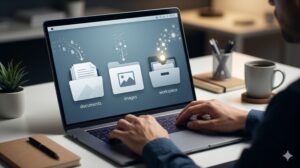 理想的なデジタルデスク環境。明るい光の中で、ユーザーのPC画面には、最小限のフォルダ設計（例: 3つの役割別フォルダのみ）が表示され、その横には、週次カレンダーと進行状況ゲージ。完璧に整理され、理想的なデジタル環境を象徴する、明るく見通しの良い、リアルな写真。