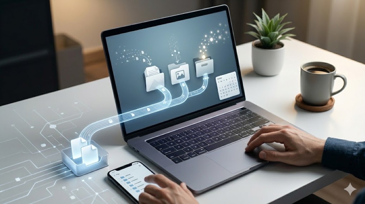理想的なデジタルデスク環境。明るい光の中で、ユーザーのPC画面には、最小限のフォルダ設計（例: 3つの役割別フォルダのみ）が表示され、その横には、週次カレンダーと進行状況ゲージ。完璧に整理され、理想的なデジタル環境を象徴する、明るく見通しの良い、リアルな写真。