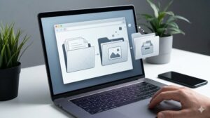 PC画面に、シンプルで洗練されたファイルエクスプローラーのウィンドウが開いている。ウィンドウ内には、3つの明確に区別された、整理されたフォルダ（左: ドキュメント、中: 画像、右: 作業用コンテナ）が並んでいる。その周囲には、これら3つの役割に対応する、綺麗に整頓されたデータの粒子が、それぞれスムーズに移動しているリアルな写真。