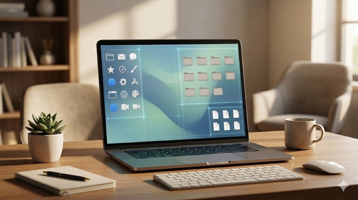 木製デスクの上の整理されたノートパソコンのデスクトップ画面。ホームオフィスをイメージしたクリーンなワークスペースに、キーボード、マウス、ノート、ペン、多肉植物が並ぶ。