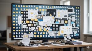 散らかったパソコンのデスクトップ画面のイメージ写真。混沌としたファイルやフォルダの山。