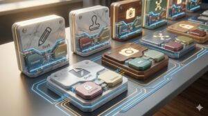 整理されたデスク上に、複数の異なる色の「テンプレート・ブロック」(鉛筆、スタンプ、カメラなど)が並び、それぞれに対応する象徴的なオブジェクト(鉛筆、スタンプ、カメラレンズなど)が置かれている様子が描かれたブログ用アイキャッチ画像。