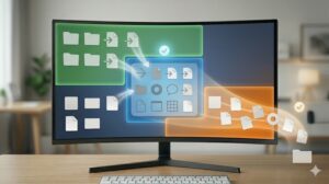 少し散らかったデスクトップ画面の特定のゾーン(例えば中央の一時枠)から、 抽象ファイルが正しいゾーン(例えば左上の固定枠)へと魔法のように吸い込まれていくイメージ写真。崩れを短時間で戻す「見直し」プロセスを表す。