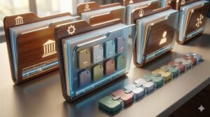 大きな、安定感のあるフォルダ(分類を示す大きなアイコン付き、例:財務、プロジェクト)に、簡潔なファイル名(日付と内容のみ)を持つファイルが整然と収まる様子と、非常に長いファイル名を持つファイルが不格好に転がっている様子が描かれたブログ用アイキャッチ画像。