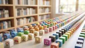 整理されたPCファイルの列(立方体)が続き、各アイコンに具体的な内容(家、車、本、音符など)を表す小さな写実的なシンボルが描かれ、トピックごとの分類と一目の明快さが表現されたブログ用アイキャッチ画像。