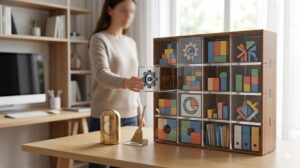 クリーンで秩序立った空間に、整理された保管箱(コンテナが進化したようなモジュール)が、成長と拡張を表現している様子(成長と拡張)