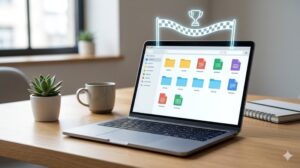 整理されたPCファイルと、その上に浮かぶゴールと達成を象徴する光るシンボル(トロフィーとテープ)が描かれた、ブログ用アイキャッチ画像。