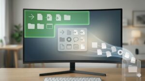 PCのデスクトップ画面から、矢印のない実体ファイルを排除し、矢印付きのショートカットだけを残して整理するイメージ。実体ファイルが画面外の定位置フォルダへ吸い込まれていく。