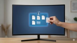 5つのファイルが整然と並ぶクリーンな一時置きゾーンと、上限を示すカウントインジケーターのイメージ写真。