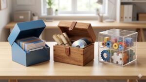 整理されたデスクに、異なるデザインと中身(書類、ディスク、抽象アイテム)を持つ3つの収納コンテナが並んでいる様子(3つの役割の分類)