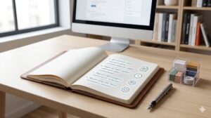 きれいに整理されたデスクの上に、開かれたノートまたはタブレット端末があり、そこに整然とリストアップされた項目が光を浴びて浮かび上がっている(文字は認識できないほど抽象化)